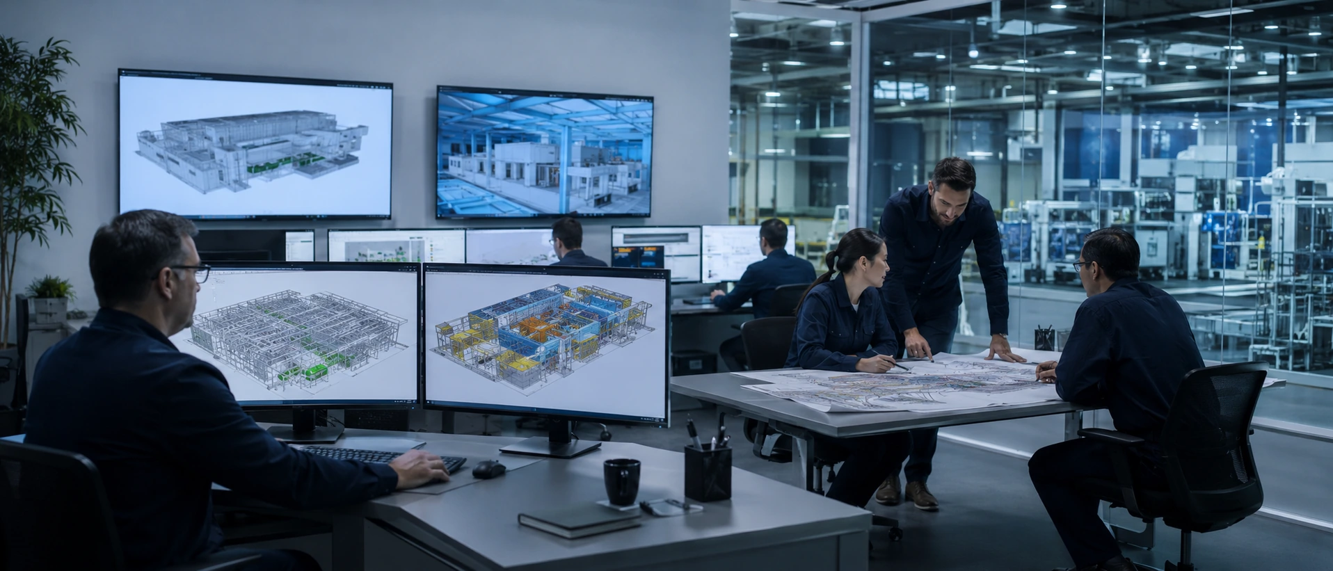 TeraFab 工程團隊於辦公室審閱 BIM 圖面與 3D 廠房模型