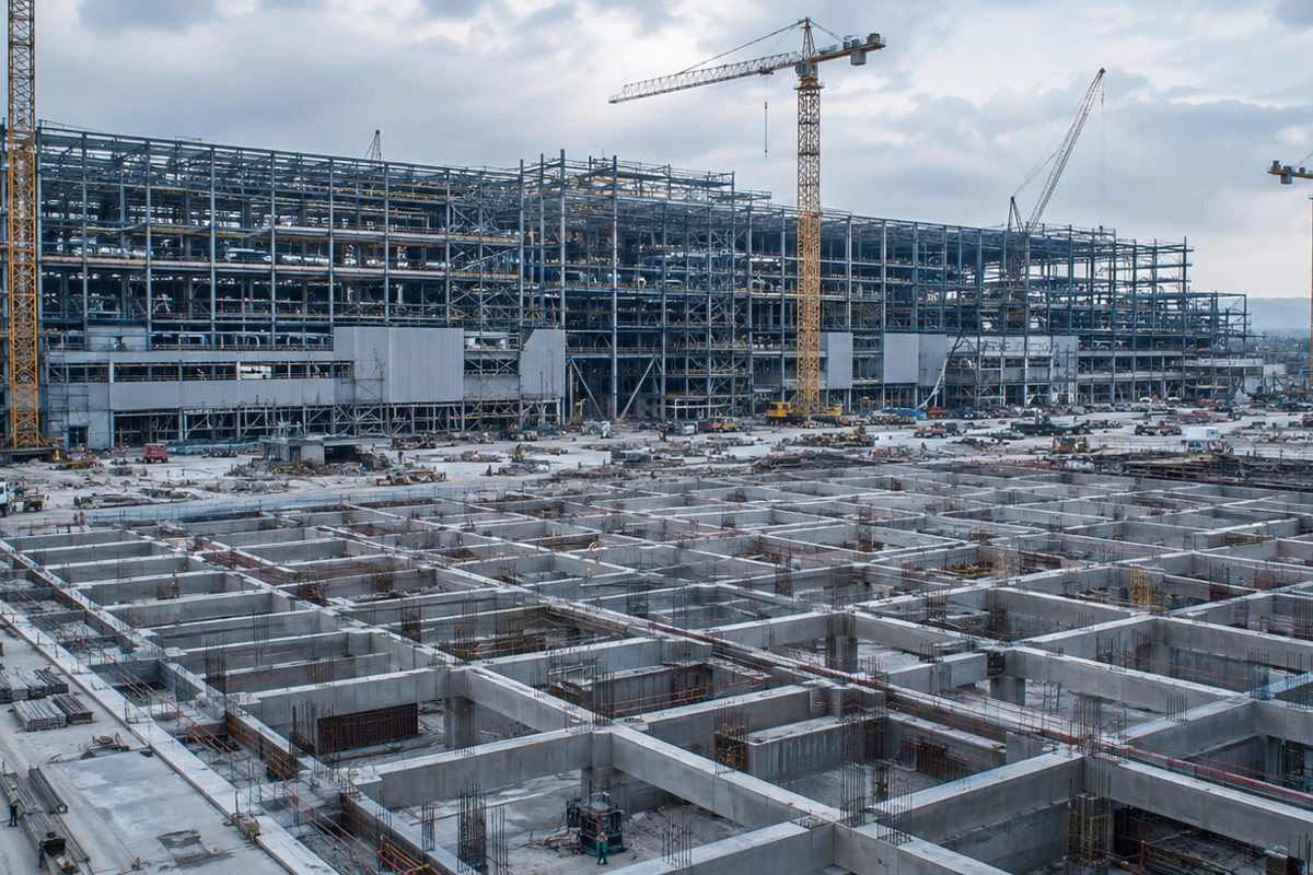 建造中的半導體廠房：塔吊、鋼構骨架與華夫板基礎