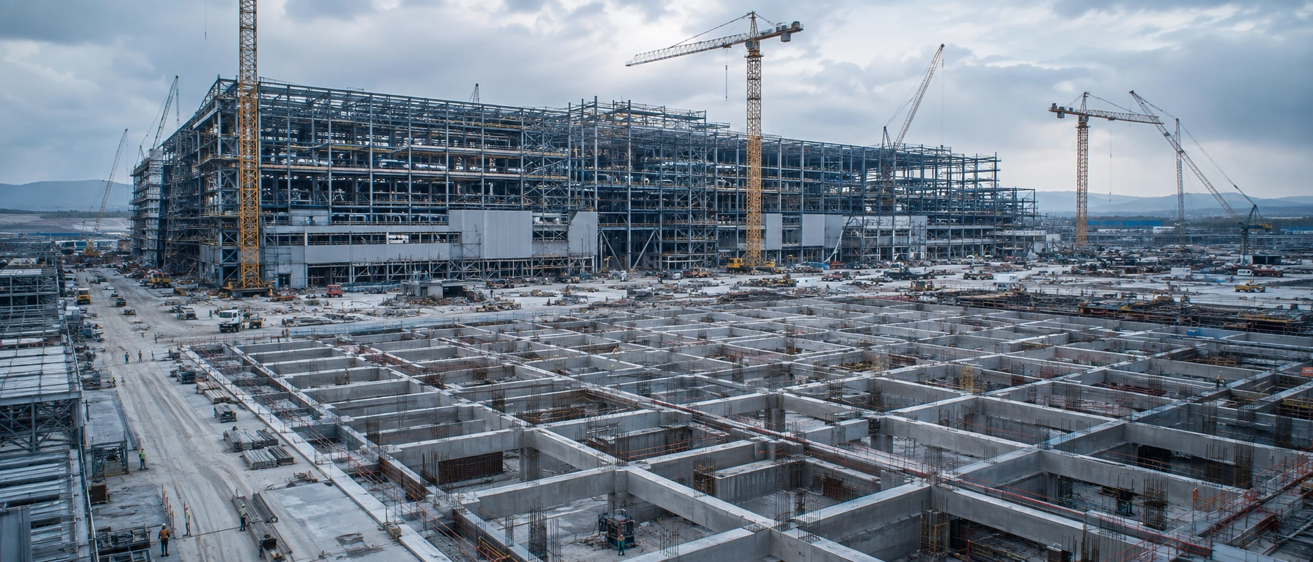 半導體廠房建造現場：塔吊、鋼構骨架與華夫板基礎